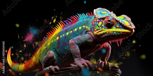 Painted colorful chameleon animal, they show off in beautiful colors. isolated black background. Pattern for t-shirt printing, Generative AI