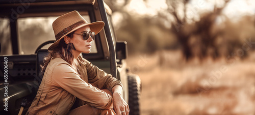Woman in adventurer outfit on african safari. Sitting next to her off road car, blurred savanna background. Banner photo