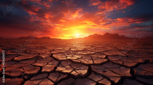 Cracked earth in the desert, Severe drought, Climate change, Biodivesity loss, Generative AI