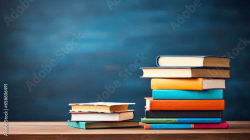 Education and reading concept - group of colorful books on the wooden table in the classroom  blackboard background  Generative AI