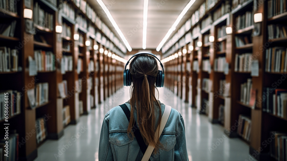 Young woman or girl with headphones on her head standing in large library, books on both sides, view from behind - audiobooks concept Young woman or girl with headphones on her head standing in large library, books on both sides, view from behind - audiobooks concept
