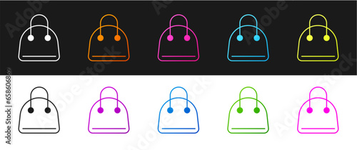 Set Handbag icon isolated on black and white background. Female handbag sign. Glamour casual baggage symbol. Vector