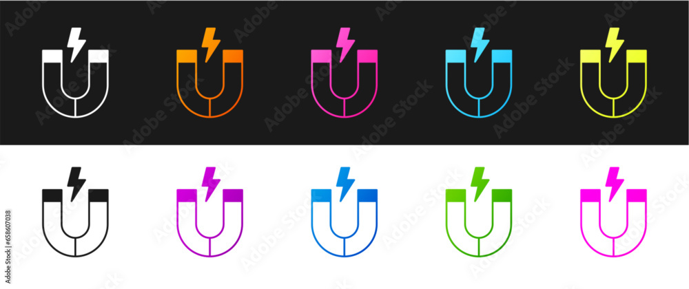 Set Magnet icon isolated on black and white background. Horseshoe magnet, magnetism, magnetize, attraction. Vector Set Magnet icon isolated on black and white background. Horseshoe magnet, magnetism, magnetize, attraction. Vector
