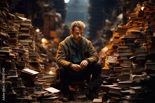 Literary Escape Captivating Image of Man Lost in Book within Library, Generative Ai