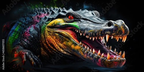 Painted colorful crocodile animal, they show off in beautiful colors. isolated black background. Pattern for t-shirt printing, Generative AI © dm