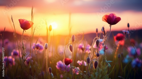 flowering wild flowers at sunset in a field, in the style of photo-realistic landscapes, lens flares, light crimson and dark aquamarine .generative ai