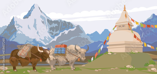 Himalayan yaks with a load on their back, a Buddhist stupa decorated with flags. Mountain horizontal landscape of Nepal. Vector illustration, flat style. Pets in Mongolia and Tibet. photo