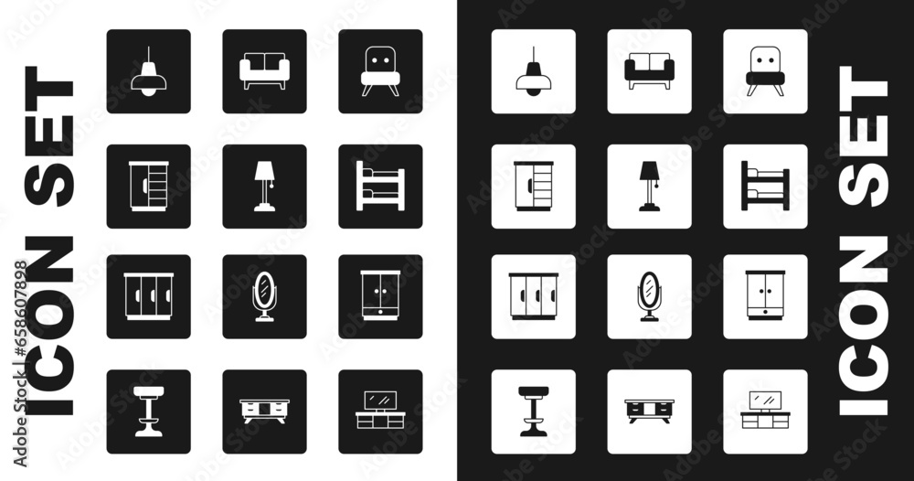 Set Armchair, Floor lamp, Wardrobe, Lamp hanging, Bunk bed, Sofa, and icon. Vector Set Armchair, Floor lamp, Wardrobe, Lamp hanging, Bunk bed, Sofa, and icon. Vector