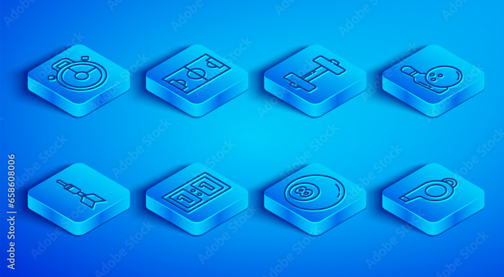 Set line Stopwatch, Football or soccer field, Dumbbell, Sport mechanical scoreboard, Billiard pool snooker, Bowling pin and, Dart arrow and Whistle icon. Vector Set line Stopwatch, Football or soccer field, Dumbbell, Sport mechanical scoreboard, Billiard pool snooker, Bowling pin and, Dart arrow and Whistle icon. Vector