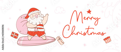 Cute summer christmas santa claus surfing with gifts. Kawaii Summer Christmas Holiday Cartoon doodle hand drawing banner