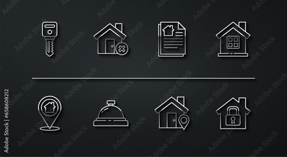 Set line House key, Location with house, Hotel service bell, wrong mark, under protection and contract icon. Vector Set line House key, Location with house, Hotel service bell, wrong mark, under protection and contract icon. Vector