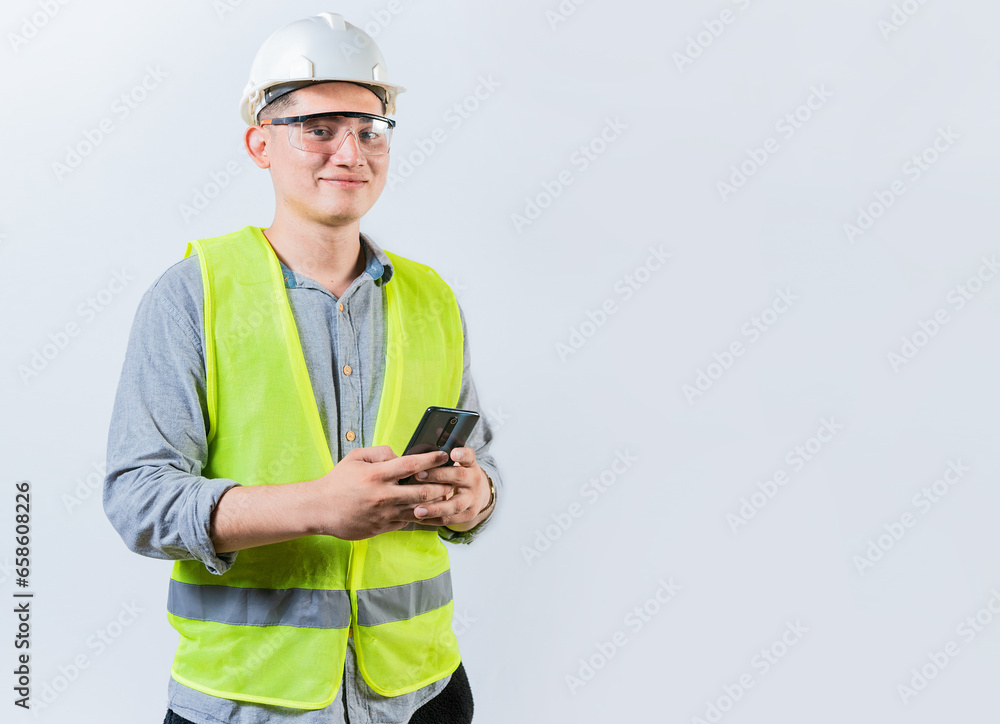 Smiling engineer holding phone looking at camera. Latin male engineer using phone isolated. Young engineer in vest and helmet using cell phone isolated Smiling engineer holding phone looking at camera. Latin male engineer using phone isolated. Young engineer in vest and helmet using cell phone isolated