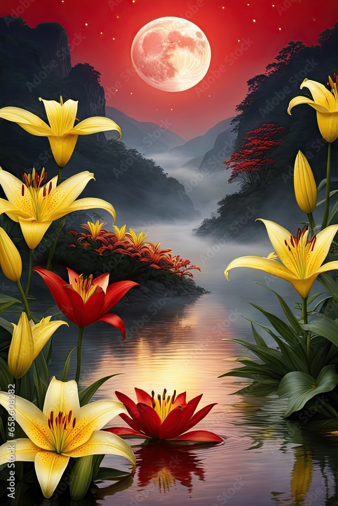 Red moon mist gold stream yellow lilies sweet sparkling dim Red moon mist gold stream yellow lilies sweet sparkling dim