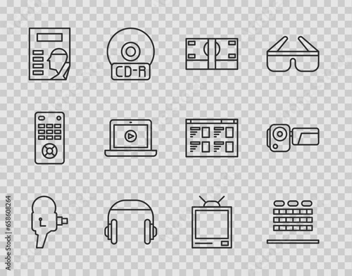 Set line Retro cinema camera, Cinema auditorium with seats, Stacks paper money cash, Headphones, poster, Online play video, tv and icon. Vector