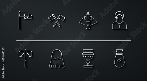 Set line Medieval flag, axe, Monk, goblet, Executioner mask, Crossed medieval, Old money bag and Battle crossbow with arrow icon. Vector