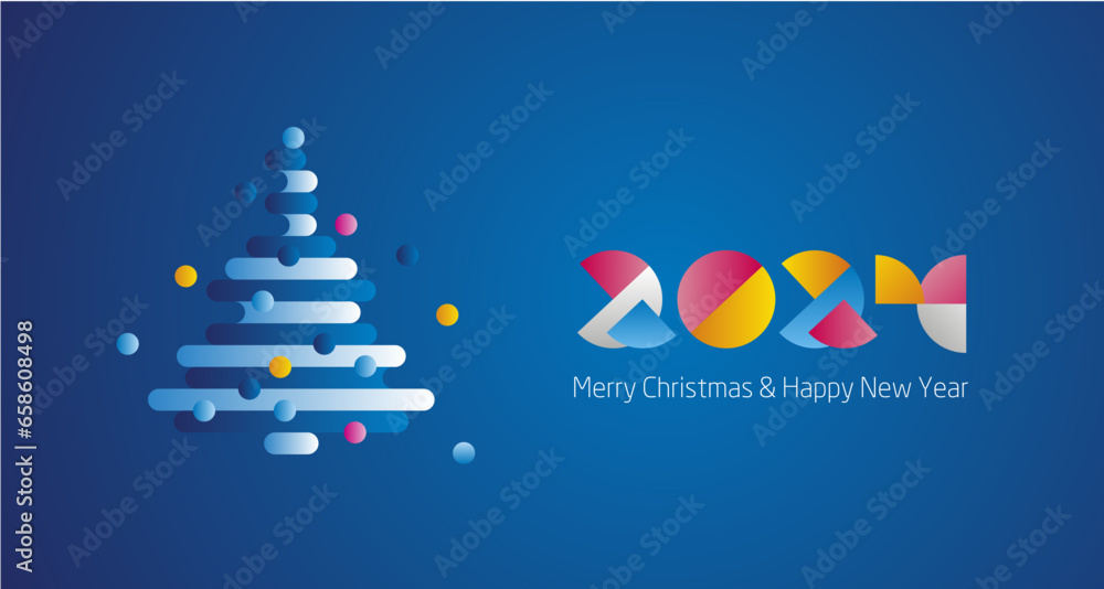 Obraz premium Merry Christmas and Happy New Year 2024 modern colorful design with abstract Christmas tree blue greeting card