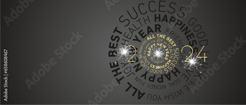Happy New Year 2024 modern golden circle wordcloud text with white sparkle firework black greeting card