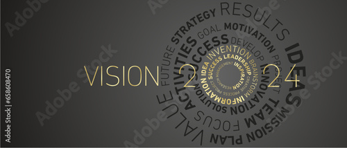 Vision 2024 New Year abstract wheel circle wordcloud text golden shining bold light typography black greeting card banner