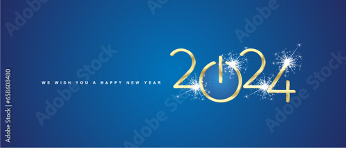 We wish you a Happy New Year 2024 eve golden shining rounded 3d typography sparkle firework blue background banner with turn on start button