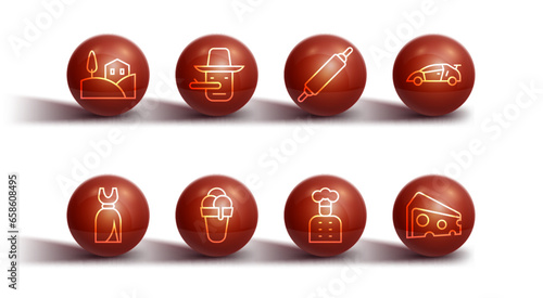Set line Village landscape, Woman dress, Sport racing car, Italian cook, Ice cream, Pinocchio, Cheese and Rolling pin icon. Vector