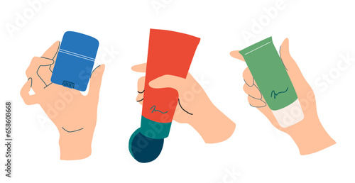 hands hold cream in tubes. cosmetic milk and sunscreen. The concept of self-care. vector illustration isolated on white background