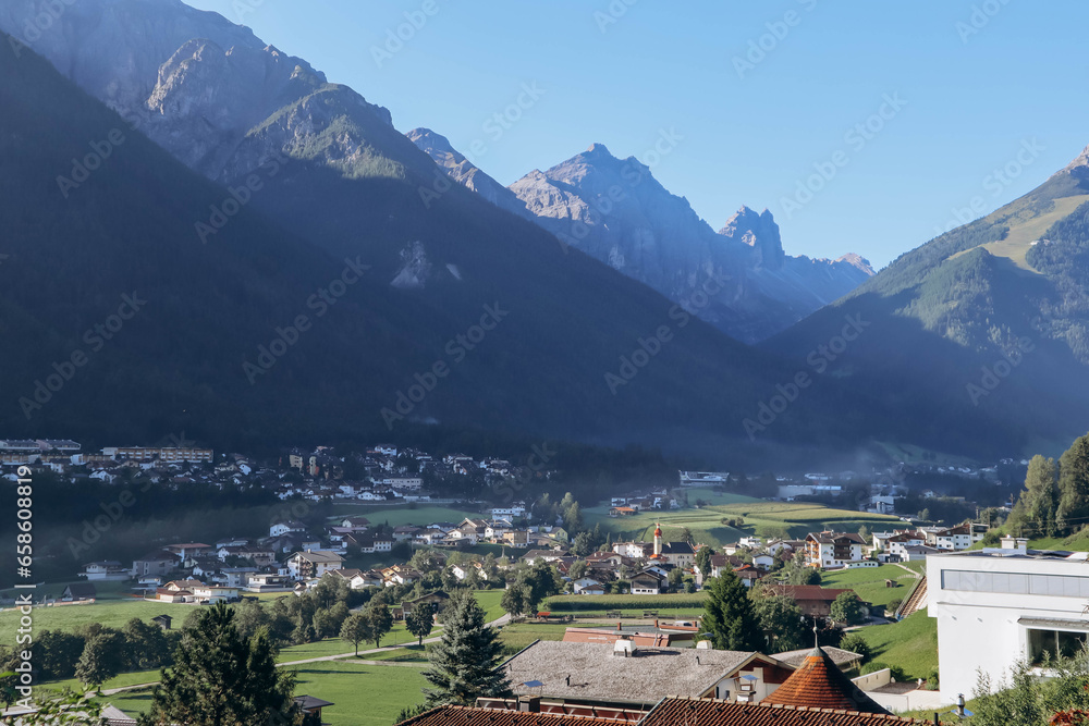 Wonderful view from the balcony of the Alps and the Austrian villages of Fulpmes and Medraz