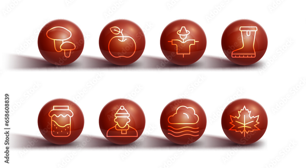 Set line Mushroom, Jam jar, Waterproof rubber boot, Windy weather, Autumn clothes, Apple, Leaf or leaves and Scarecrow icon. Vector Set line Mushroom, Jam jar, Waterproof rubber boot, Windy weather, Autumn clothes, Apple, Leaf or leaves and Scarecrow icon. Vector