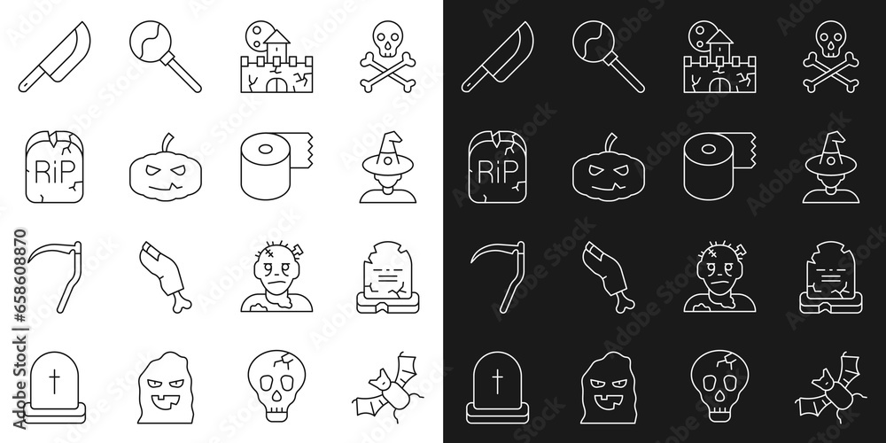 Set line Flying bat, Tombstone with RIP written, Witch, Castle, fortress, Pumpkin, Knife and Toilet paper roll icon. Vector