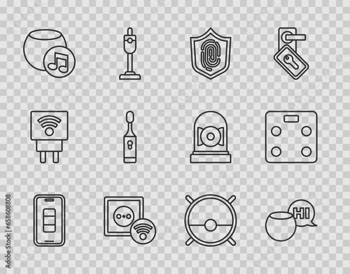 Set line Smartphone battery charge, Voice assistant, Fingerprint, electrical outlet, Electric toothbrush, Robot vacuum cleaner and bathroom scales icon. Vector