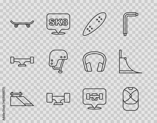Set line Skate park, Baseball cap, Longboard or skateboard, Skateboard wheel, helmet, and icon. Vector