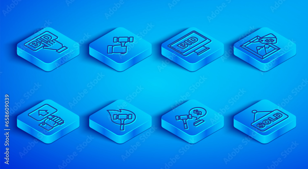 Set line Bid, Auction hammer, Online auction, price, painting, Hand holding paddle and sold icon. Vector Set line Bid, Auction hammer, Online auction, price, painting, Hand holding paddle and sold icon. Vector