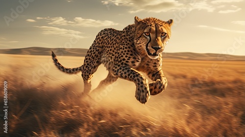 cheetah running through plains, sunrise, savannah photo