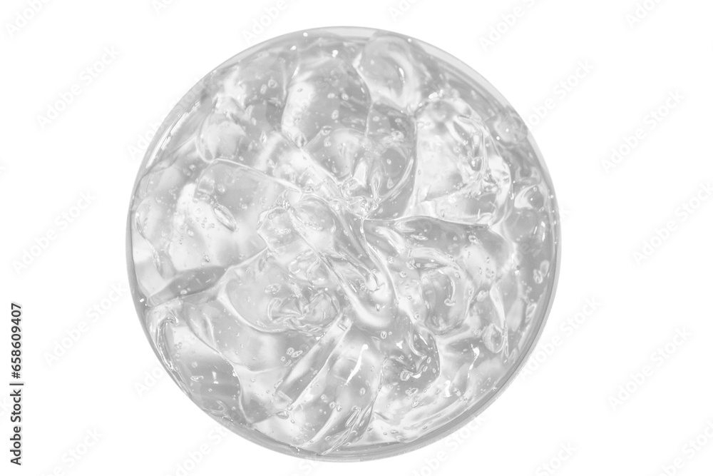 Transparent cosmetic gel in a round jar. View from above. On an empty background. Transparent cosmetic gel in a round jar. View from above. On an empty background.