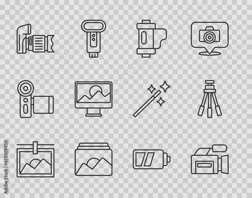 Set line Photo frame, Cinema camera, Camera film roll cartridge, retouching, Battery for and Tripod icon. Vector