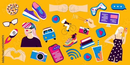 Millennials, youth, youth subculture, stickers, design elements set