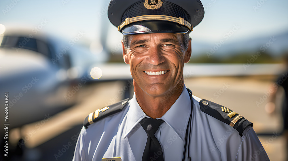 Uniformed airline captain in pilot's uniform on an airport runway.