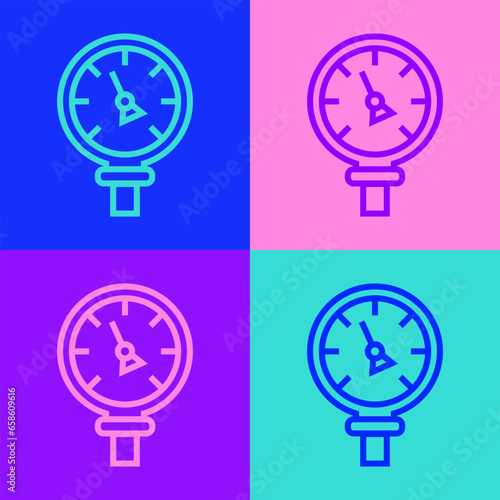 Pop art line Pressure water meter icon isolated on color background. Vector