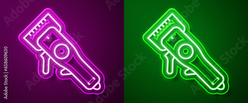 Glowing neon line Electrical hair clipper or shaver icon isolated on purple and green background. Barbershop symbol. Vector