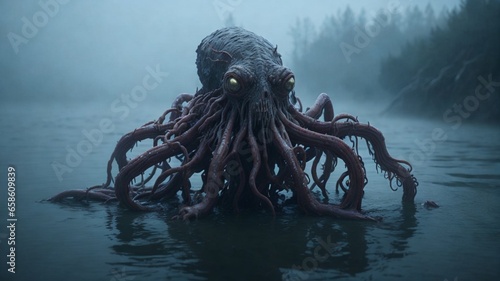 Emergence from the Abyss: A Terrifying Tentacled Creature Shrouded in Dense Lake Fog © george