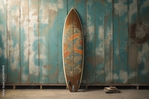 Old surfboard on wall - retro decoration concept. Generative AI