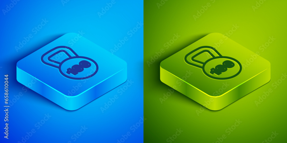 Isometric line Weight icon isolated on blue and green background. Kilogram weight block for weight lifting and scale. Mass symbol. Square button. Vector Isometric line Weight icon isolated on blue and green background. Kilogram weight block for weight lifting and scale. Mass symbol. Square button. Vector