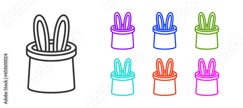 Black line Magician hat and rabbit ears icon isolated on white background. Magic trick. Mystery entertainment concept. Set icons colorful. Vector