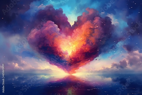 Colorful heart soars amid magical sky and ocean with vibrant clouds and galaxy. Generative AI photo