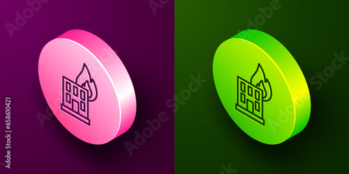 Isometric line Fire in burning building on city street icon isolated on purple and green background. Destroyed city on fire. Circle button. Vector