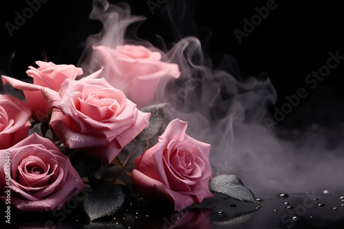 pink roses with smoke and splashes of water
