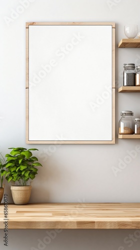 An empty frame mockup in a modern kitchen, creating a unique focal point in the culinary space.