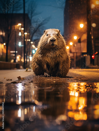 A Photo of a Beaver on the Street of a Major City at Night