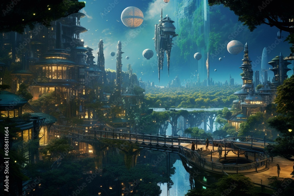 Enchanting futuristic city-forest. Generative AI