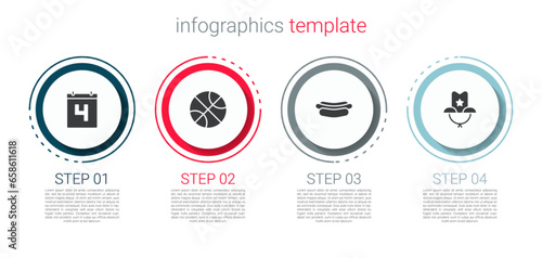 Set Calendar with date July 4, Basketball ball, Hotdog sandwich and Western cowboy hat. Business infographic template. Vector