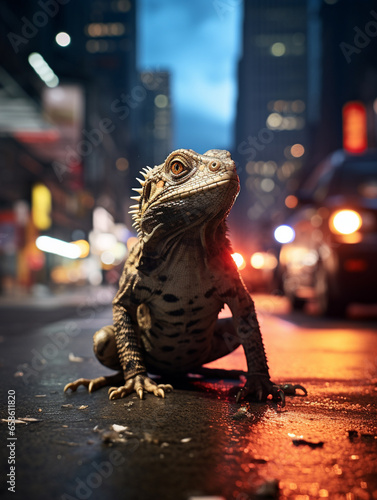 A Photo of a Lizard on the Street of a Major City at Night